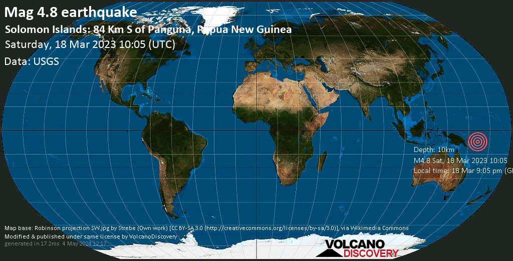 Moderate mag. 4.8 earthquake - Solomon Sea, 93 km south of Arawa, Bougainville, Papua New Guinea, on Saturday, Mar 18, 2023 at 9:05 pm (GMT +11)
