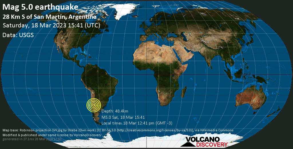 Moderate mag. 5.0 earthquake - 28 km south of San Martin, Mendoza, Argentina, on Saturday, Mar 18, 2023 at 12:41 pm (GMT -3)