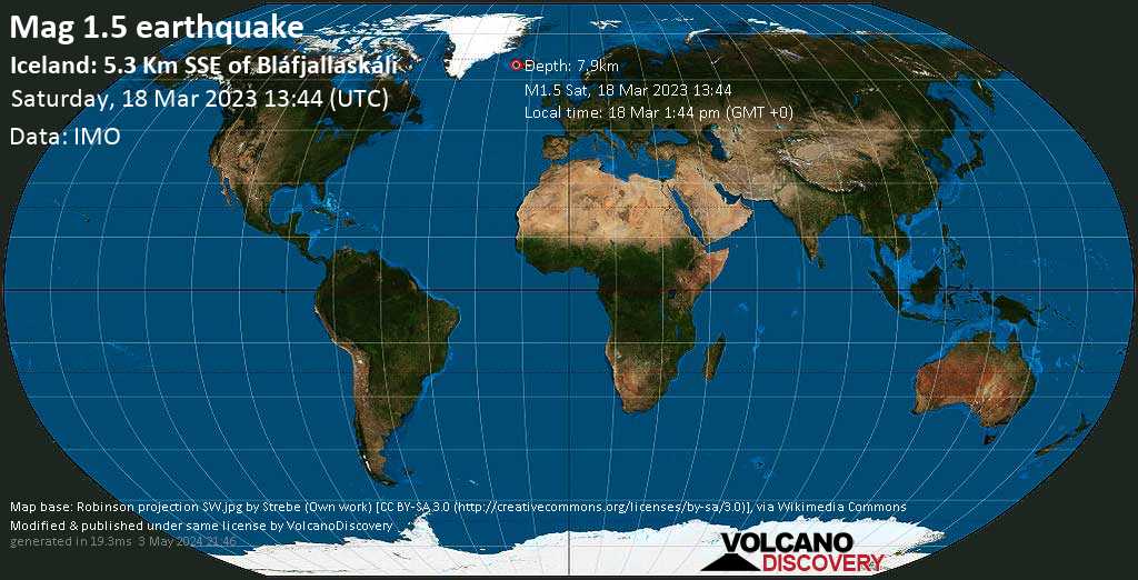 Minor mag. 1.5 earthquake - Iceland: 5.3 Km SSE of Bláfjallaskáli on Saturday, Mar 18, 2023 at 1:44 pm (GMT +0)