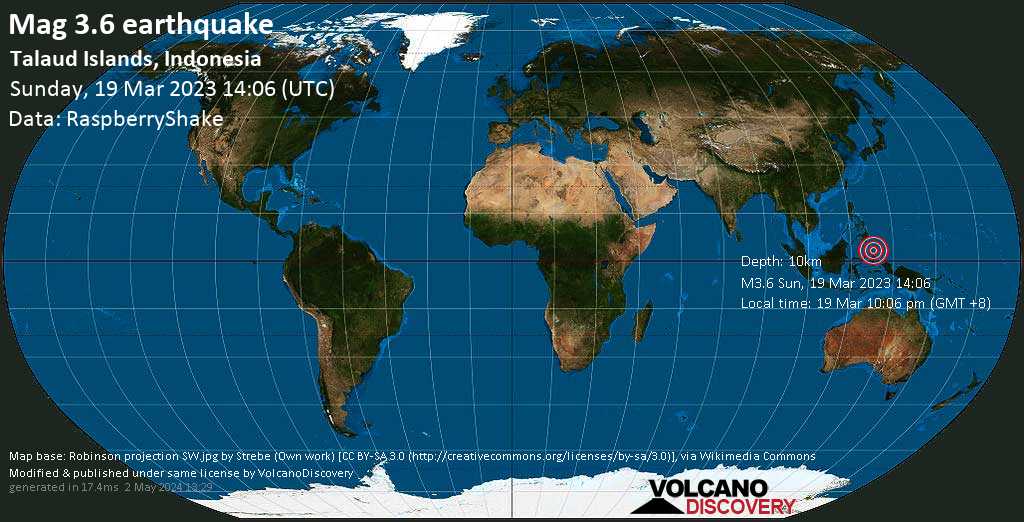 Light mag. 3.6 earthquake - Molucca Sea, 186 km northwest of Tobelo, Indonesia, on Sunday, Mar 19, 2023 at 10:06 pm (GMT +8)