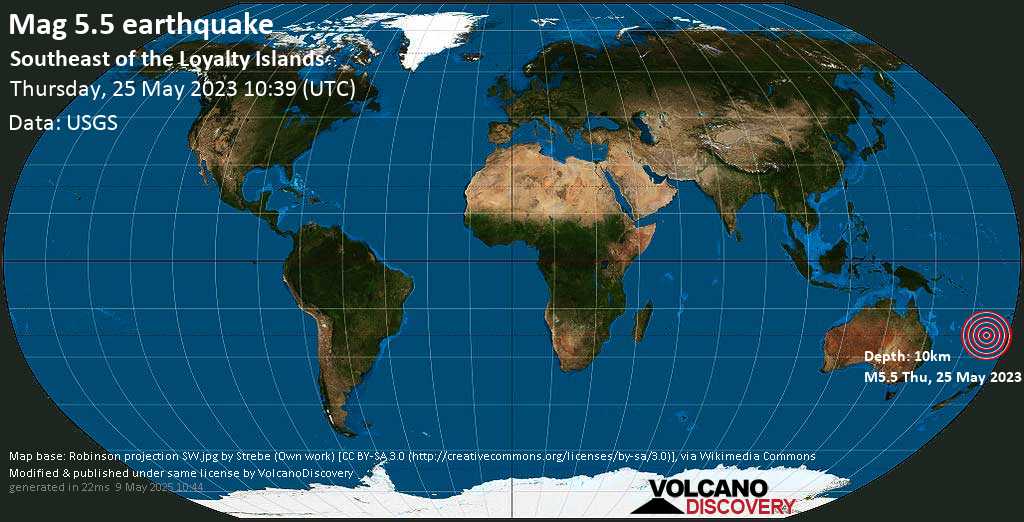 Strong mag. 5.5 earthquake - South Pacific Ocean, New Caledonia, on Thursday, May 25, 2023 at 9:39 pm (GMT +11)