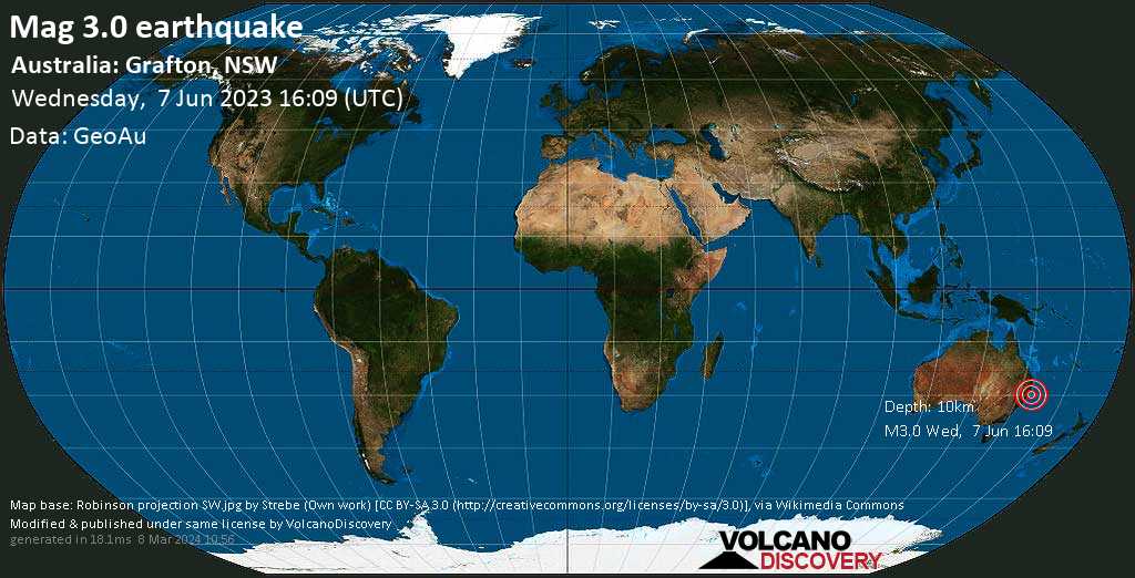 Terremoto leve mag. 3.1 - 23 km ESE of Grafton, Clarence Valley, New South Wales, Australia, jueves,  8 jun 2023 02:09 (GMT +10)