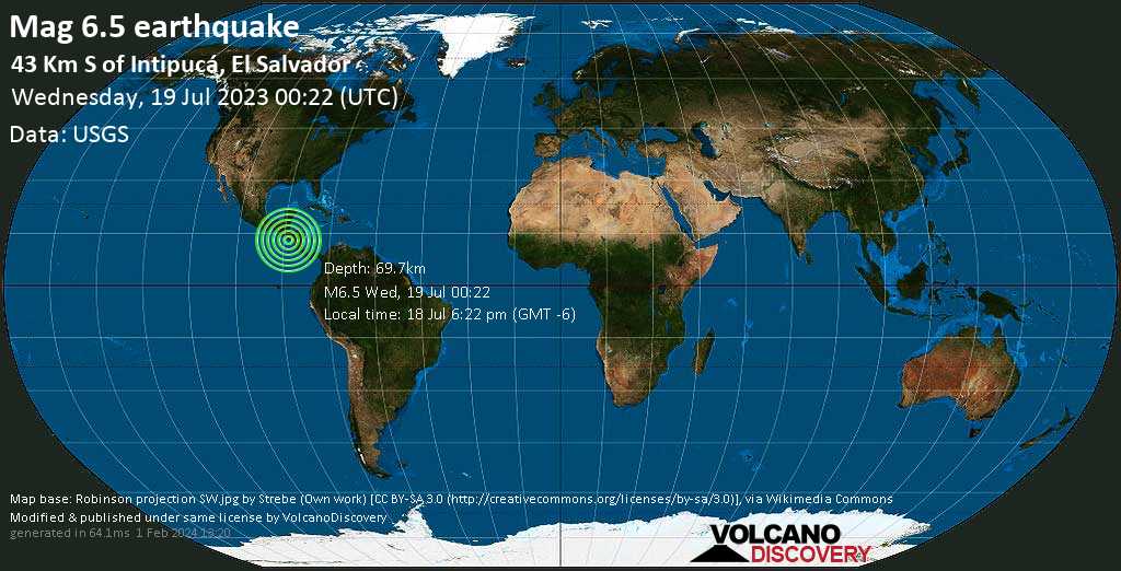 Strong mag. 6.5 Earthquake - North Pacific Ocean, 75 km south of San Miguel, El Salvador, on Tuesday, Jul 18, 2023 06:22 pm (GMT -6)