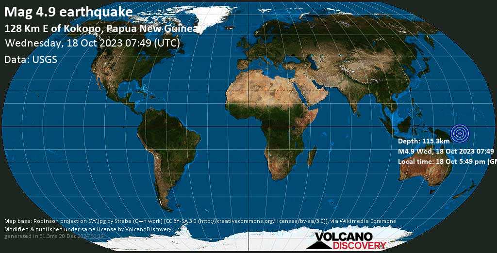 Lekki Mac.  Trzęsienie ziemi 4.9 - Południowy Pacyfik, 128 km na wschód od Kokobo, Papua Nowa Gwinea, środa, 18 października 2023 o 17:49 (GMT +10)