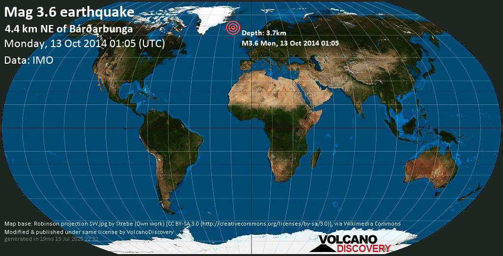 Mag. 3.6 earthquake - 4.4 Km NE of Bárðarbunga on Monday, 13 October 2014 at 01:05 (GMT)