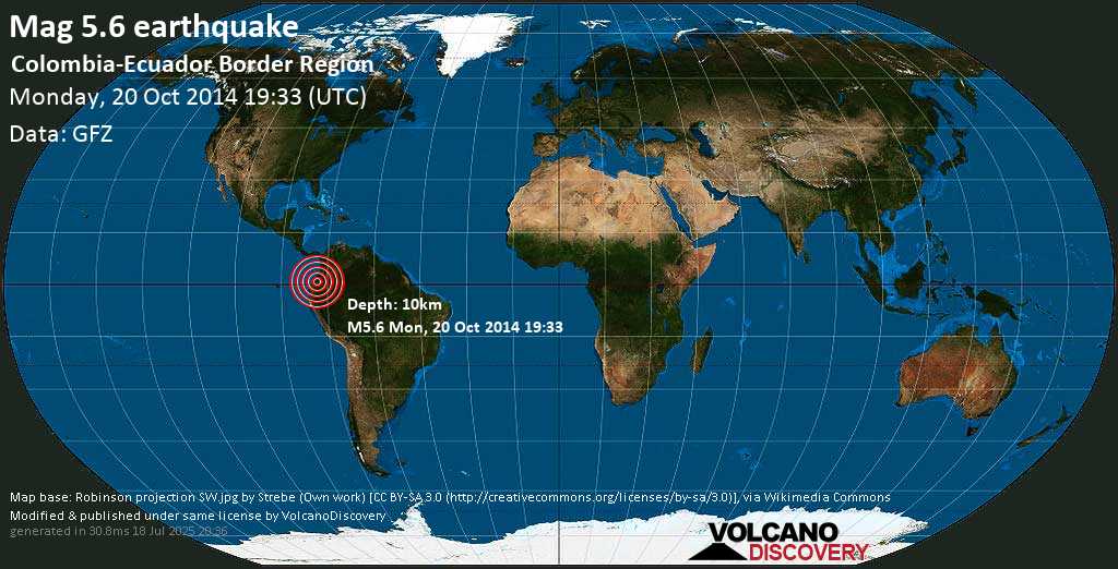 Moderado terremoto magnitud 5.7 - Cumbal, Narino, Colombia, 19 km W of Tulcan, Provincia del Carchi, Ecuador, lunes, 20 oct. 2014