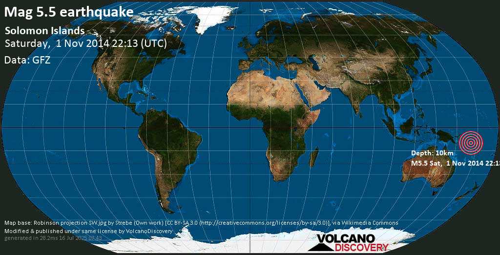 Moderado terremoto magnitud 5.5 - 12 km SE of Malango, Guadalcanal Province, Solomon Islands, sábado, 01 nov. 2014