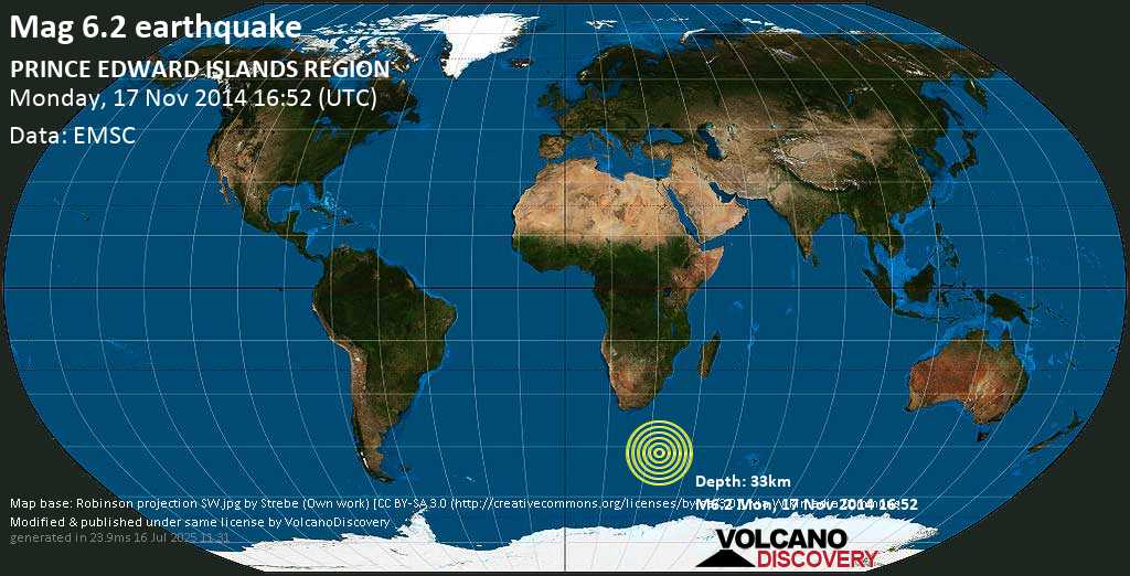 Fuerte terremoto magnitud 6.2 - Indian Ocean, 2366 km SSE of Pretoria, South Africa, lunes, 17 nov. 2014