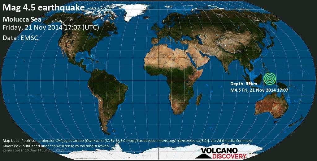 Light mag. 4.5 earthquake - MOLUCCA SEA on Friday, 21 November 2014