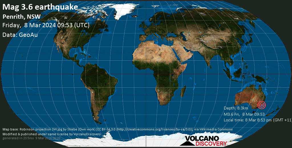 Quake Info: Light Mag. 3.5 Earthquake - Blue Mountains Municipality,  Australia, 20 km Southwest of Glenmore Park, Penrith Municipality, New  South Wales, on Friday, Mar 8, 2024, at 09:53 am (universal Time)