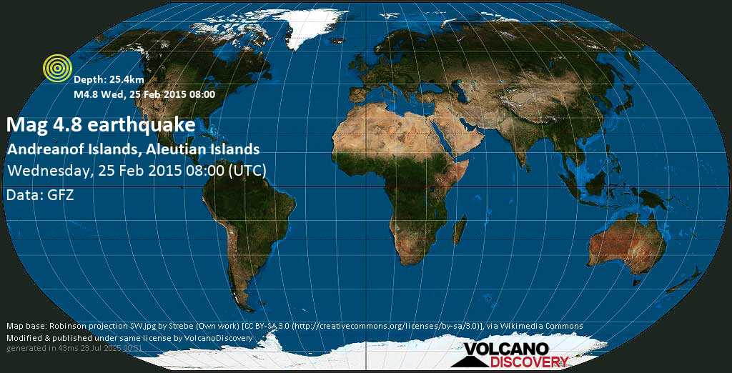 Moderate mag. 4.8 earthquake - Bering Sea, 26 mi southwest of Adak, Aleutians West County, Alaska, USA, on Wednesday, 25 February 2015 at 08:00 (GMT)
