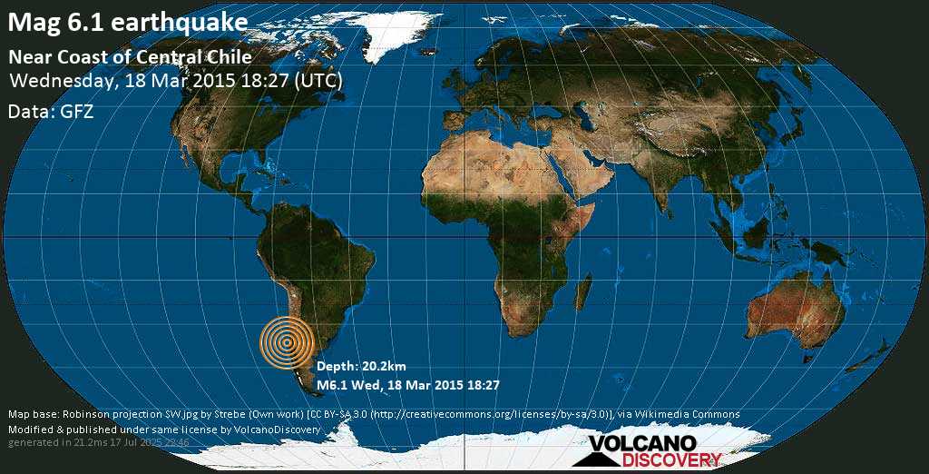 Very strong mag. 6.1 earthquake - South Pacific Ocean, 66 km northwest of Tomé, Provincia de Concepcion, Region del Biobio, Chile, on Wednesday, 18 March 2015 at 18:27 (GMT)