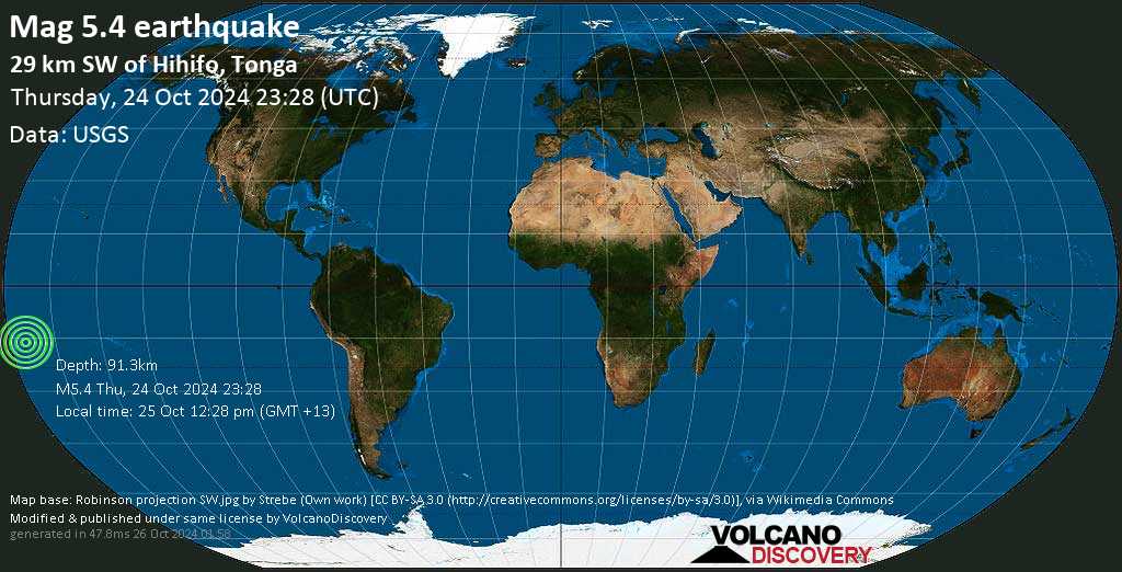 Сильное землетрясение магнитудой 5.4 - South Pacific Ocean, 21 km к юго-западу от Hihifo, Тонга, Пятница 25 окт 2024 в 12:28 (Tongatapu время)