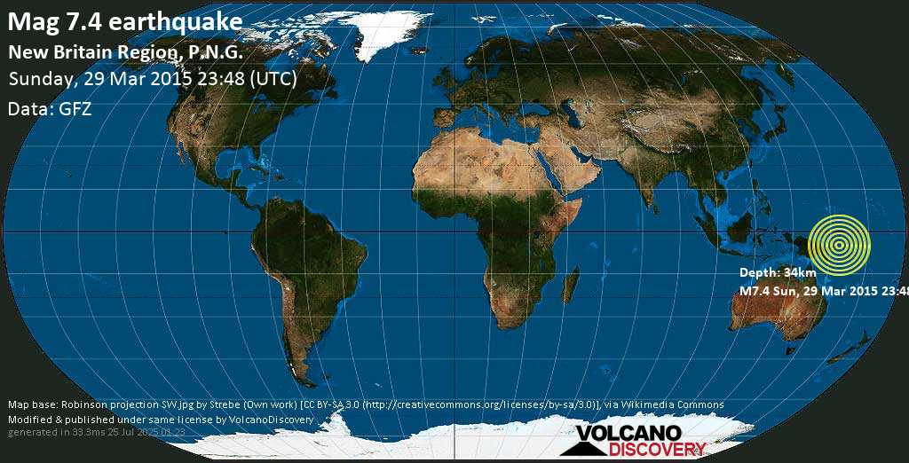 Major mag. 7.4 earthquake - New Britain Region, P.N.G. on Sunday, 29 March 2015