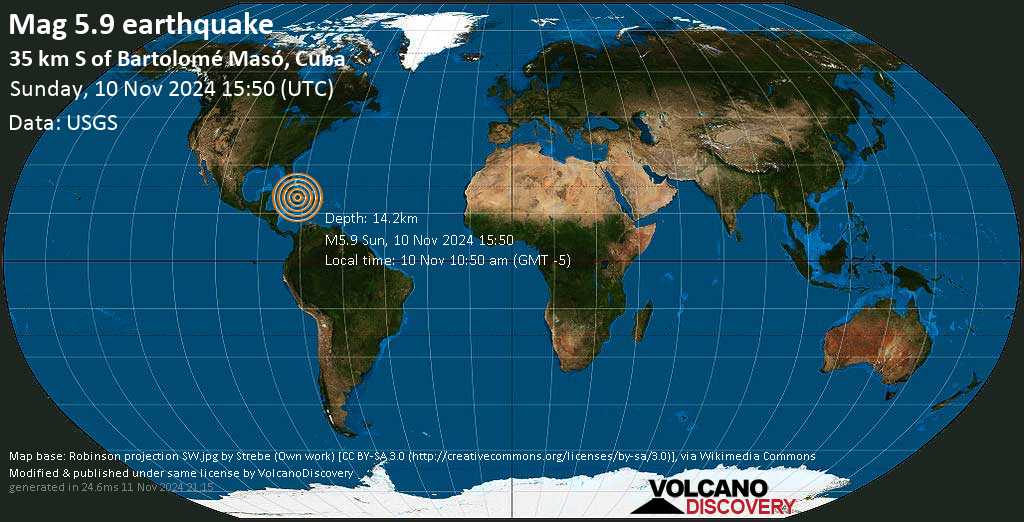 Strong mag. 5.9 Earthquake - Caribbean Sea, 35 km south of Bartolomé Maso, Granma, Cuba, on Sunday, Nov 10, 2024, at 10:50 am (Havana time)