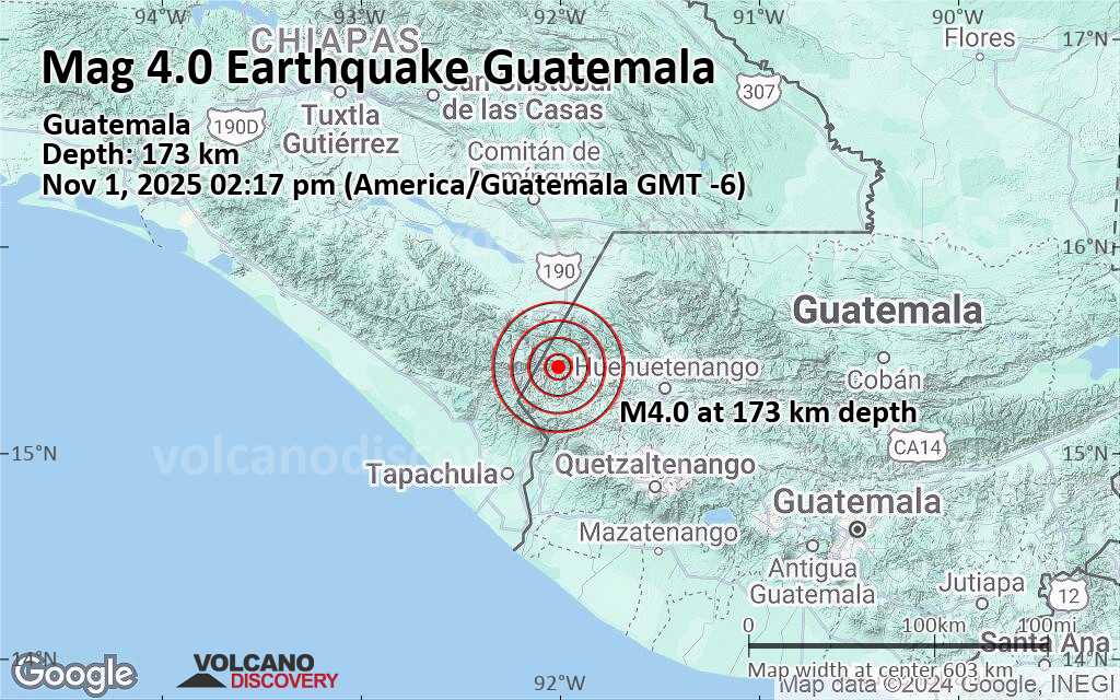 Terremoto moderado mag. 4.0 - 59 km al oeste de Huehuetenango, Huehuetenango, Guatemala, sábado  1 nov 2025 a las 14:17 (Hora Guatemala)