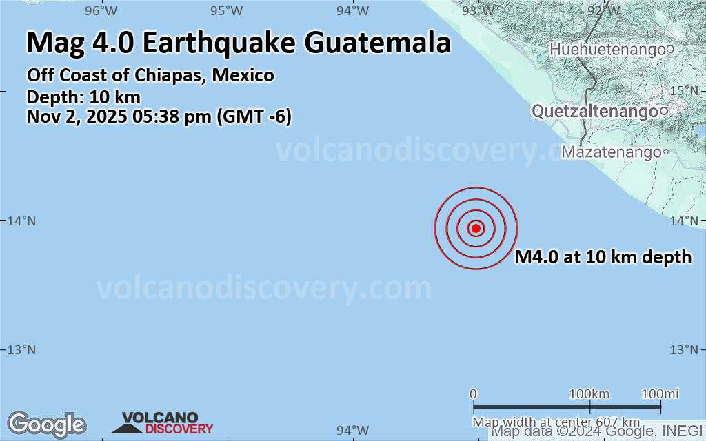 Terremoto moderado mag. 4.0 - Océano Pacífico Norte, 159 km al suroeste de Retalhuleu, Retalhuleu, Guatemala, domingo  2 nov 2025 a las 17:38 (GMT -6)