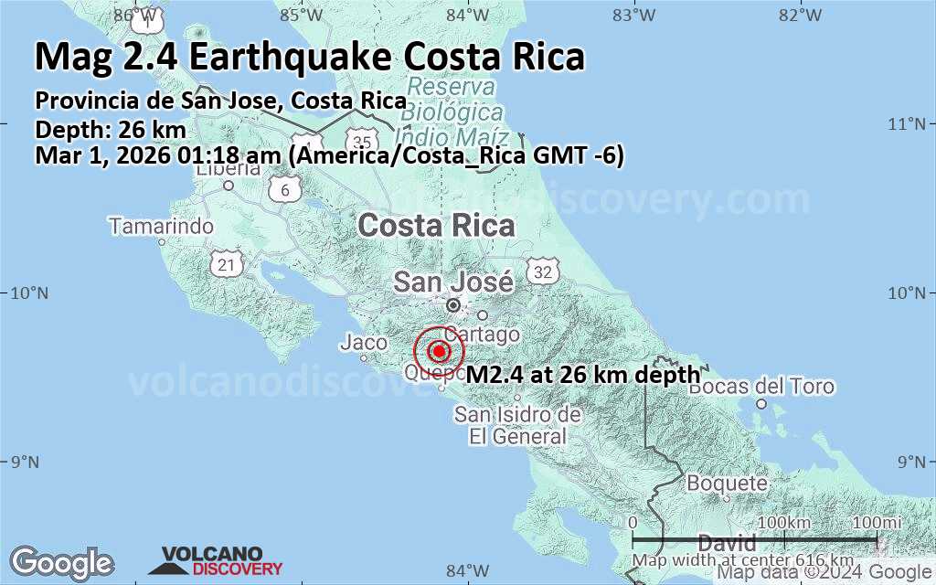 Weak Mag. 2.4 Earthquake - 33 km South of San Jose, Provincia de San
