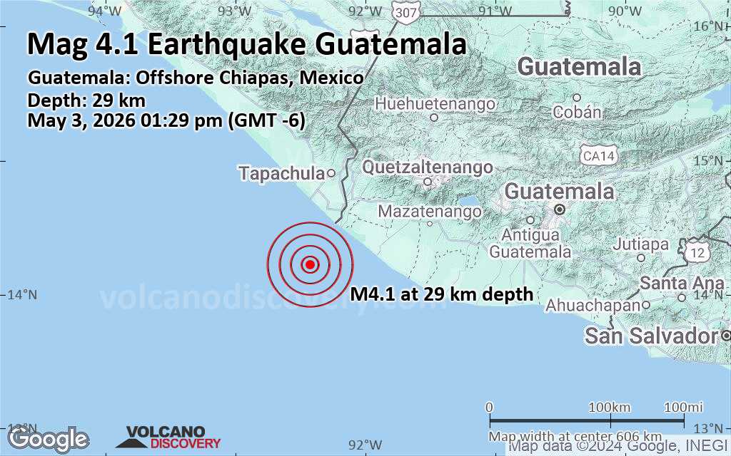 Terremoto moderado mag. 4.1 - Guatemala: Offshore Chiapas, Mexico, domingo  3 may 2026 a las 13:29 (GMT -6)