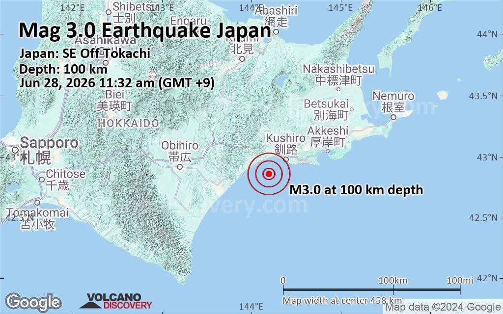 Light Mag. 3.0 Earthquake - Japan: SE Off Tokachi on Sunday, Jun