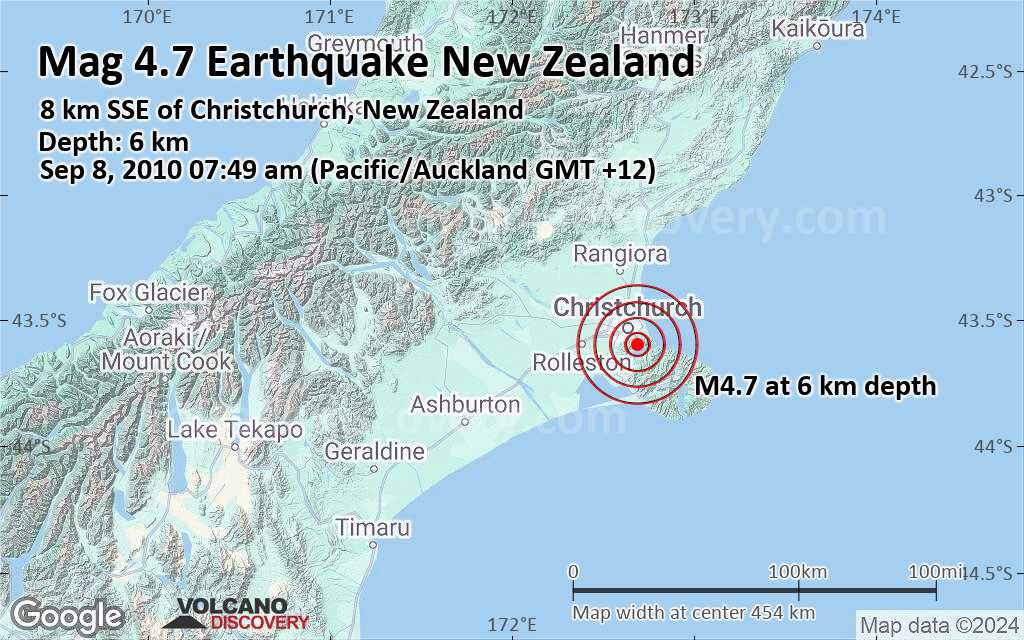 中程度の地震 M4.7 - 8.6 km 南東 から Christchurch