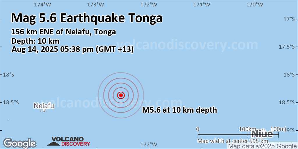 Very strong mag. 6.0 earthquake - 416 km northeast of Nuku'alofa, Tongatapu, Tonga, on Thursday, Aug 14, 2025, at 05:38 pm (GMT +13) - information
