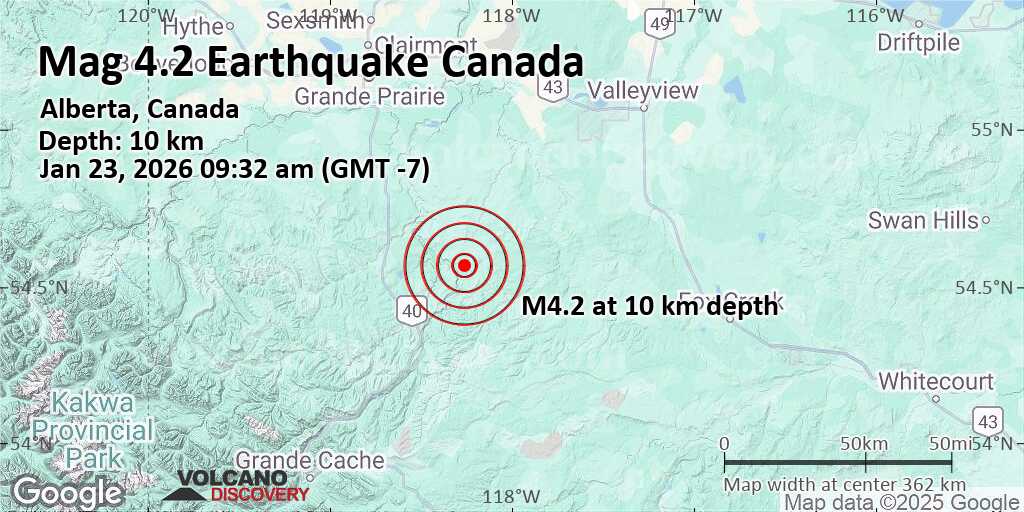 Moderate mag. 4.2 earthquake - Valleyview, 75 km southeast of Grande Prairie, Grande Prairie, Alberta, Canada, on Friday, Jan 23, 2026, at 09:32 am (GMT -7)