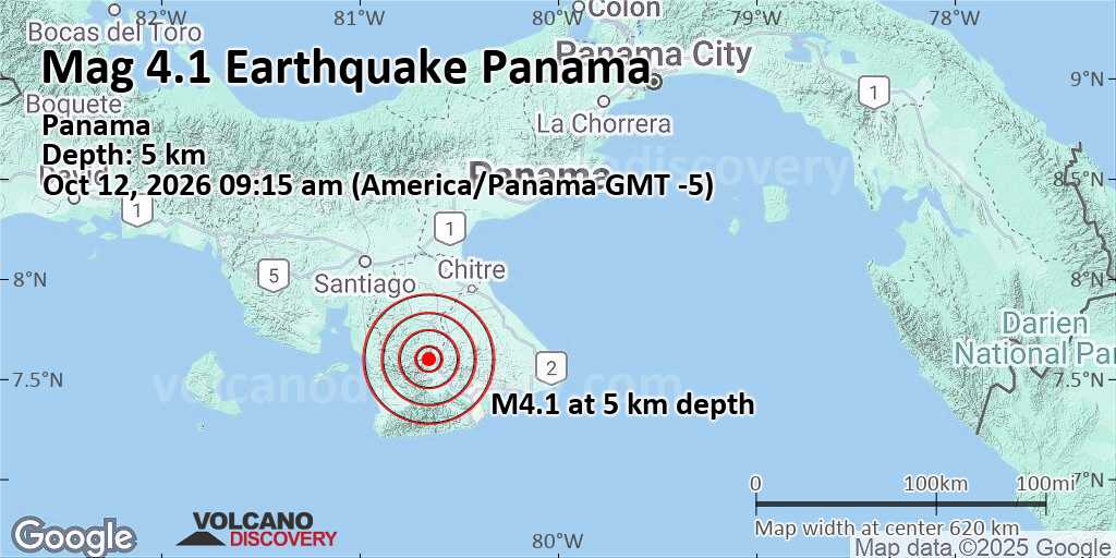 Mag. 4.1 earthquake - Provincia de Los Santos, 66 km southeast of Santiago, Panama, on Monday, Oct 12, 2026, at 09:15 am (GMT -5) -