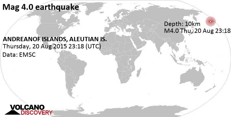 Moderate mag. 4.0 earthquake - Bering Sea, 78 mi southwest of Adak, Aleutians West, Alaska, USA, on Thursday, August 20, 2015 at 23:18 GMT