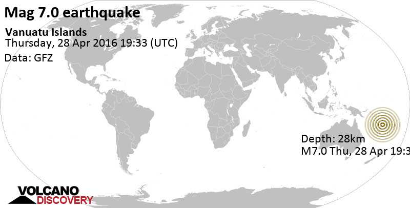 Terremoto maggiore magnitudine 7.0 - Coral Sea, 2.2 km a nord est da Norsup, Malampa Province, Vanuatu, giovedì, 28 apr. 2016 19:33