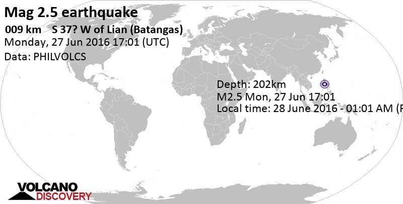 Minor mag. 2.5 earthquake - South China Sea, 10.3 km south of Nasugbu, Batangas, Calabarzon, Philippines, on 28 June 2016 - 01:01 AM (PST)