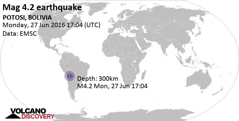 Light mag. 4.2 earthquake - 67 km southwest of Uyuni, Antonio Quijarro, Departamento de Potosi, Bolivia, on Monday, June 27, 2016 at 17:04 GMT