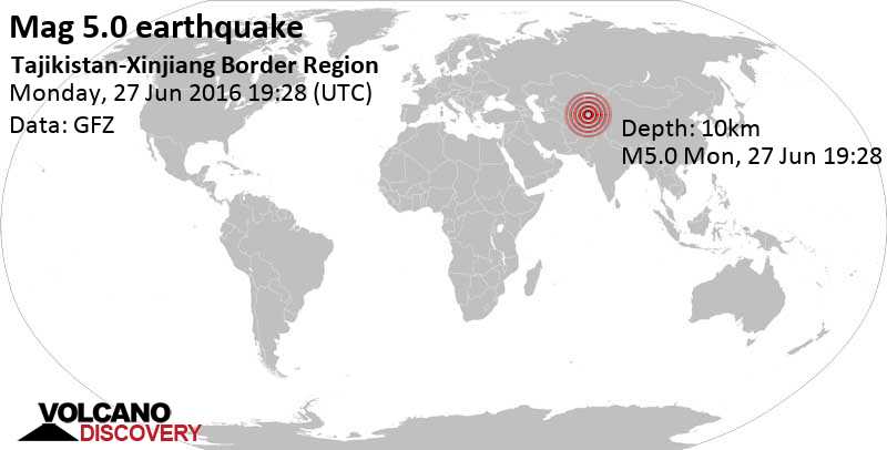 Strong mag. 5.0 earthquake - Gorno-Badakhshan, 417 km east of Duschanbe, Dushanbe, Tajikistan, on Monday, June 27, 2016 at 19:28 GMT
