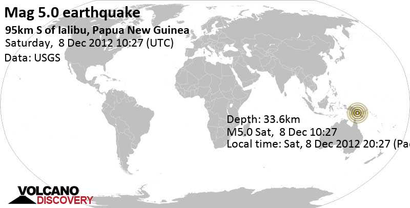 Séisme modéré mag. 5.0 - Gulf Province, 429 km au nord-ouest de Port Moresby, Papouasie-Nouvelle-Guinée, Sat, 8 Dec 2012 20:27 (Pacific/Port_Moresby)