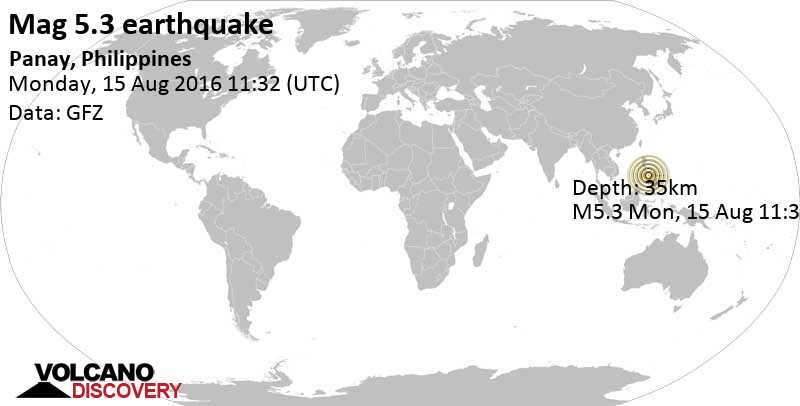 Moderates Erdbeben der Stärke 5.3 - 21 km westlich von Janiuay, Iloilo, Western Visayas, Philippinen, am Montag, 15. Aug 2016 um 11:32 GMT