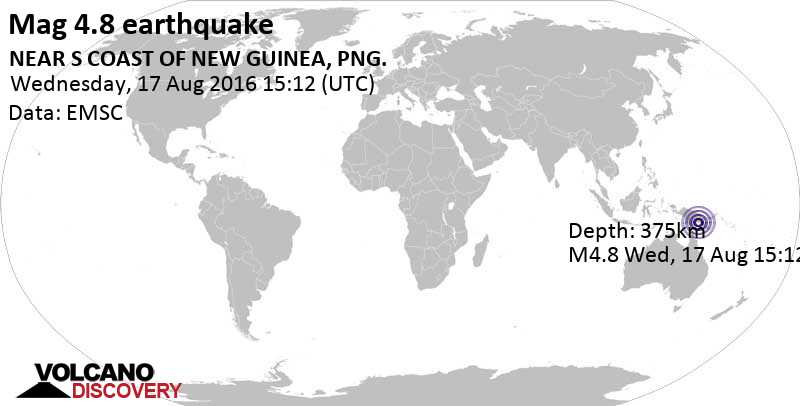 Séisme faible mag. 4.8 - Mer de Corail, 330 km au nord-ouest de Port Moresby, Papouasie-Nouvelle-Guinée, mercredi, le 17 août 2016 15:12