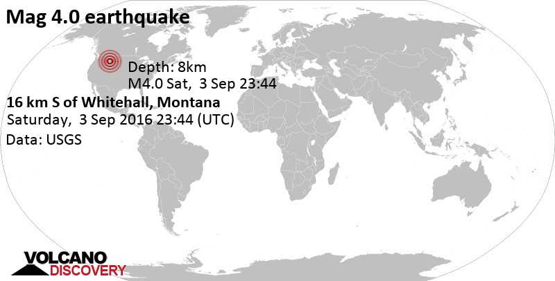 Moderate mag. 4.0 earthquake - 10.1 mi south of Whitehall, Jefferson County, Montana, USA, on 2016-09-03 17:44:13 -06:00