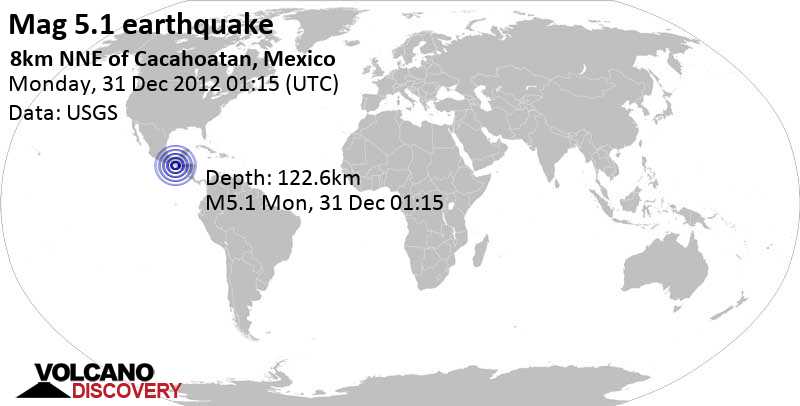 Moderate mag. 5.0 earthquake - 0.7 km south of Santa Maria la Vega, Cacahoatan, Chiapas, Mexico, on Sun, 30 Dec 2012 20:15 (America/Mexico_City)
