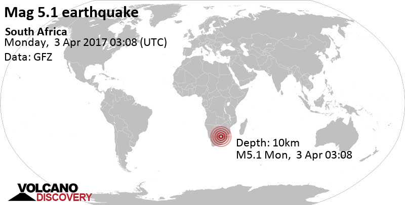 Tremblement de terre fort magnitude 5.1 - 8.7 km au nord-est de Orkney, Afrique du Sud, lundi, le 03 avril 2017 03:08