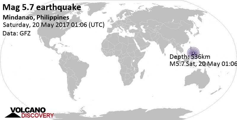 Moderate mag. 5.7 earthquake - Bohol Sea, 29 km south of Loboc, Bohol, Central Visayas, Philippines, on Saturday, May 20, 2017 at 01:06 GMT