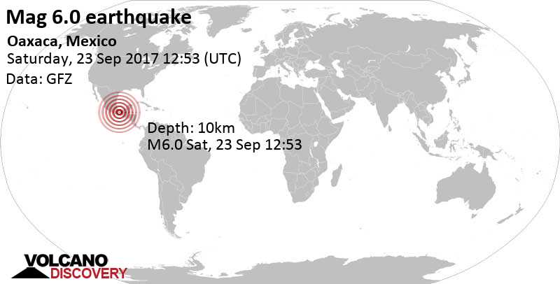 Very strong mag. 6.0 earthquake - 1.8 km west of Cieneguilla, Asuncion Ixtaltepec, Oaxaca, Mexico, on Saturday, September 23, 2017 at 12:53 GMT