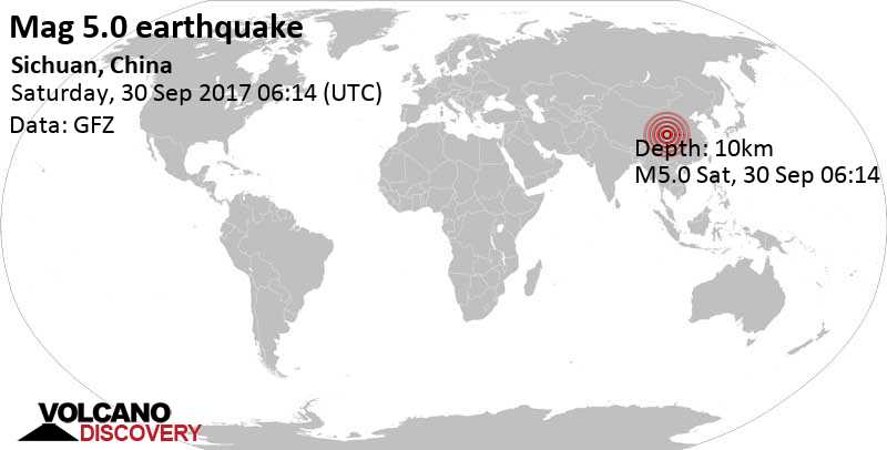 Сильное землетрясение магнитудой 5.0 - 61 km к северу от Jiangyou, Sichuan, Китай, Суббота, 30 сентября 2017 06:14