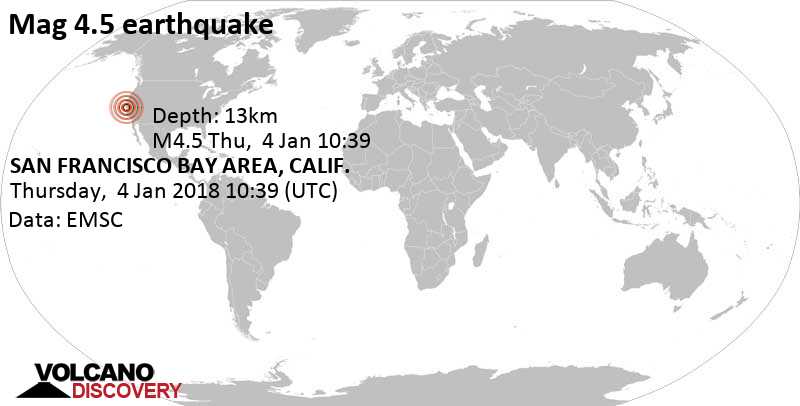 Moderate mag. 4.5 earthquake - Yerba Buena Island, 2 mi southeast of Berkeley, Alameda County, California, USA, on Thursday, January 4, 2018 at 10:39 GMT