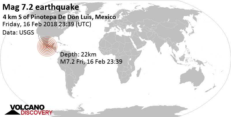 Major magnitude 7.0 earthquake - 13 km southwest of Llano Tigre, Santiago Amoltepec, Oaxaca, Mexico, on Friday, February 16, 2018 at 23:39 GMT