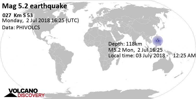 Moderate mag. 5.2 earthquake - South China Sea, 27 km southwest of Nasugbu, Batangas, Calabarzon, Philippines, on 03 July 2018 -    12:25 AM (PST)