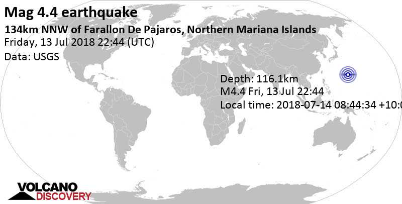 Leichtes Erdbeben der Stärke 4.4 - Nordpazifik, 729 km nördlich von Saipan, Nördliche Marianen, am Freitag, 13. Jul 2018 um 22:44 GMT