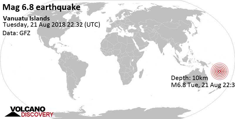Terremoto maggiore magnitudine 6.8 - Coral Sea, 76 km a est da Norsup, Malampa Province, Vanuatu, martedì, 21 ago. 2018 22:32