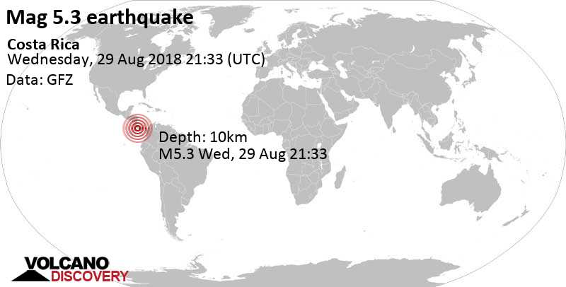 Starkes Beben der Stärke 5.3 - 11 km nördlich von Golfito, Provincia de Puntarenas, Costa Rica, am Mittwoch, 29. Aug 2018 um 21:33 GMT
