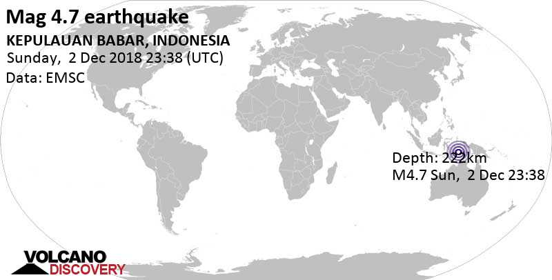 Light mag. 4.7 earthquake - Banda Sea, 383 km south of Ambon City, Maluku, Indonesia, on Sunday, December 2, 2018 at 23:38 GMT