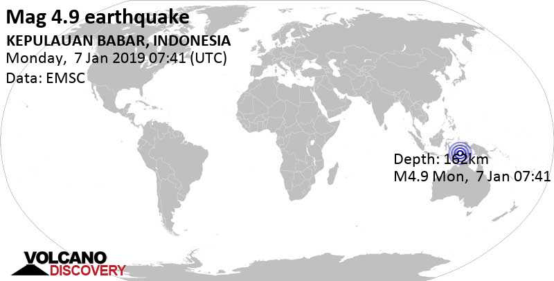 Слабое землетрясение маг. 4.9 - Банда (море), 409 km к югу от Амбон, Индонезия, Понедельник, 07 января 2019 07:41